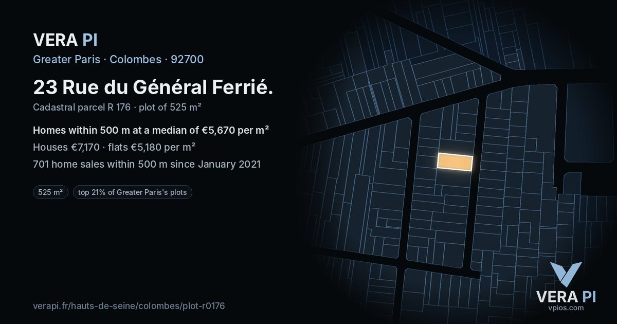 23 Rue du Général Ferrié, Colombes at night – the plot lit, the parcels around coloured by the prices near them