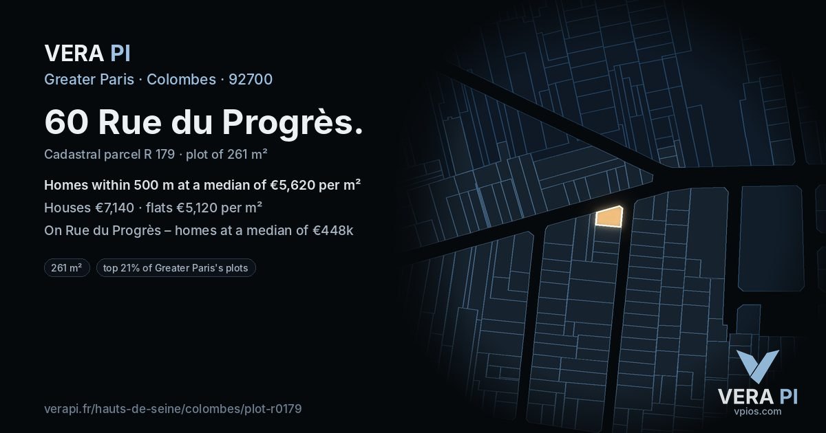 60 Rue du Progrès, Colombes at night – the plot lit, the parcels around coloured by the prices near them