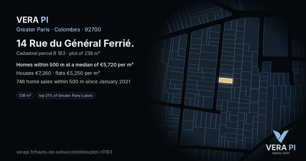 14 Rue du Général Ferrié, Colombes at night – the plot lit, the parcels around coloured by the prices near them