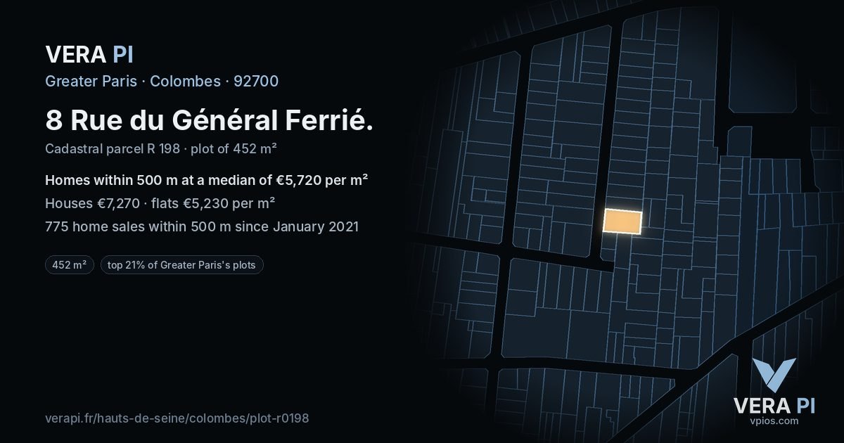 8 Rue du Général Ferrié, Colombes at night – the plot lit, the parcels around coloured by the prices near them