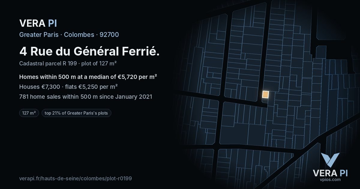 4 Rue du Général Ferrié, Colombes at night – the plot lit, the parcels around coloured by the prices near them