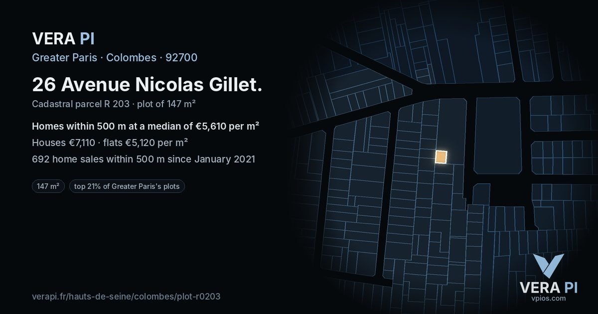 26 Avenue Nicolas Gillet, Colombes at night – the plot lit, the parcels around coloured by the prices near them