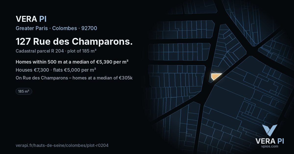 127 Rue des Champarons, Colombes at night – the plot lit, the parcels around coloured by the prices near them
