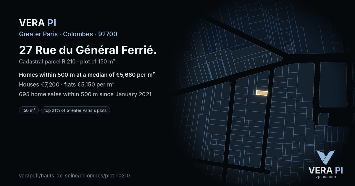 27 Rue du Général Ferrié, Colombes at night – the plot lit, the parcels around coloured by the prices near them