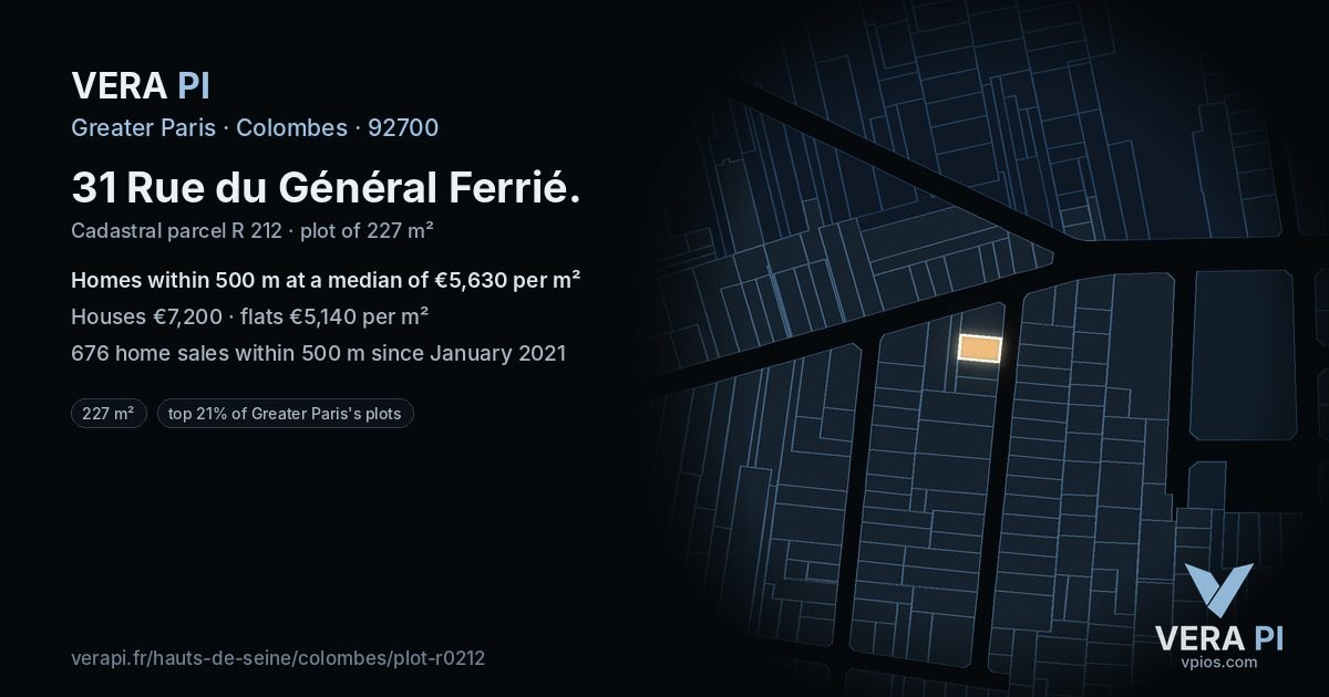 31 Rue du Général Ferrié, Colombes at night – the plot lit, the parcels around coloured by the prices near them