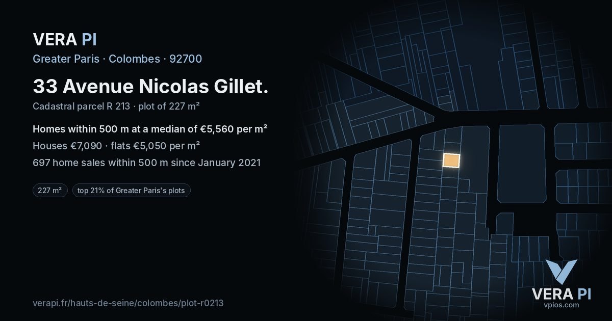 33 Avenue Nicolas Gillet, Colombes at night – the plot lit, the parcels around coloured by the prices near them