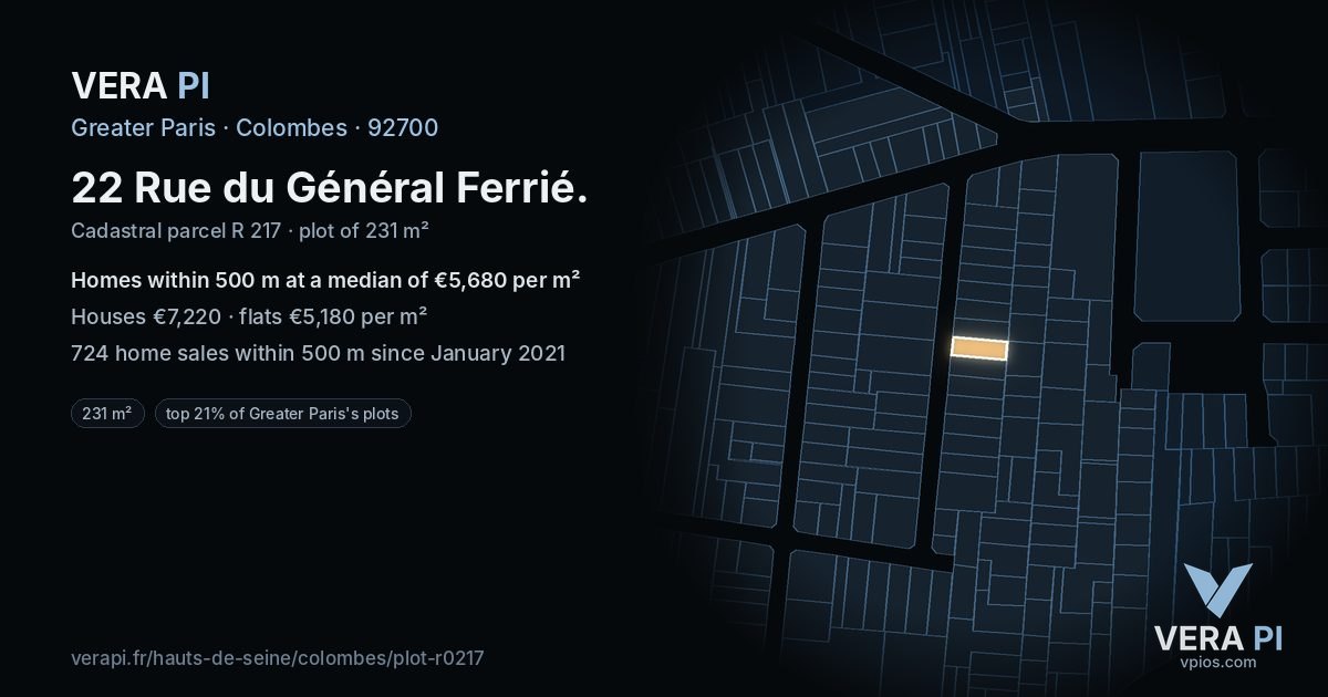 22 Rue du Général Ferrié, Colombes at night – the plot lit, the parcels around coloured by the prices near them