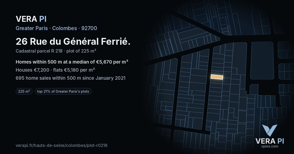 26 Rue du Général Ferrié, Colombes at night – the plot lit, the parcels around coloured by the prices near them