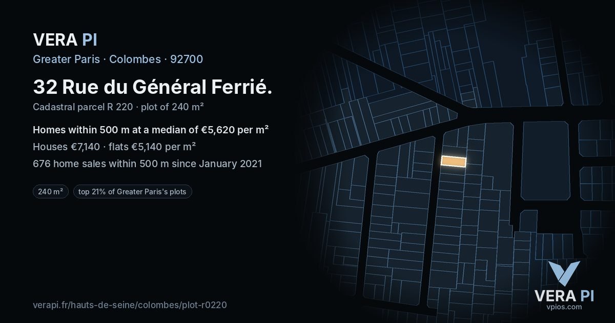 32 Rue du Général Ferrié, Colombes at night – the plot lit, the parcels around coloured by the prices near them