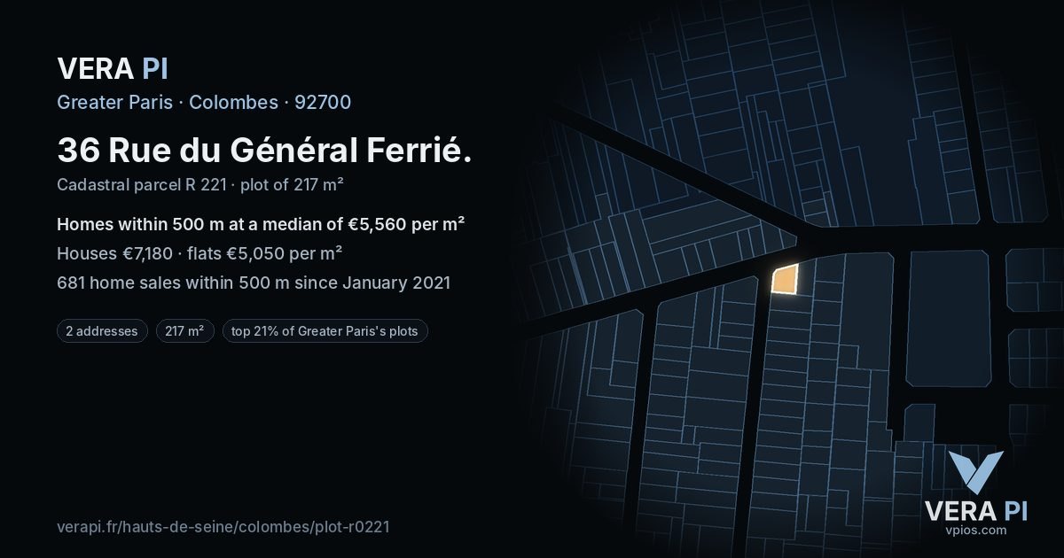 36 Rue du Général Ferrié, Colombes at night – the plot lit, the parcels around coloured by the prices near them