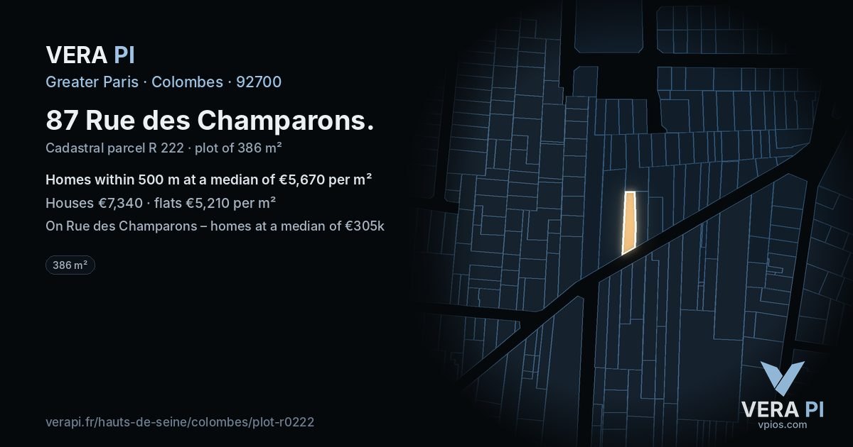 87 Rue des Champarons, Colombes at night – the plot lit, the parcels around coloured by the prices near them