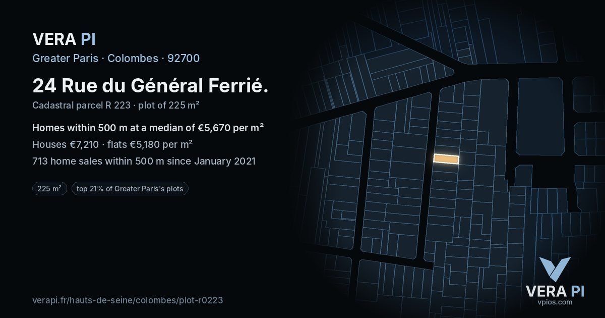 24 Rue du Général Ferrié, Colombes at night – the plot lit, the parcels around coloured by the prices near them