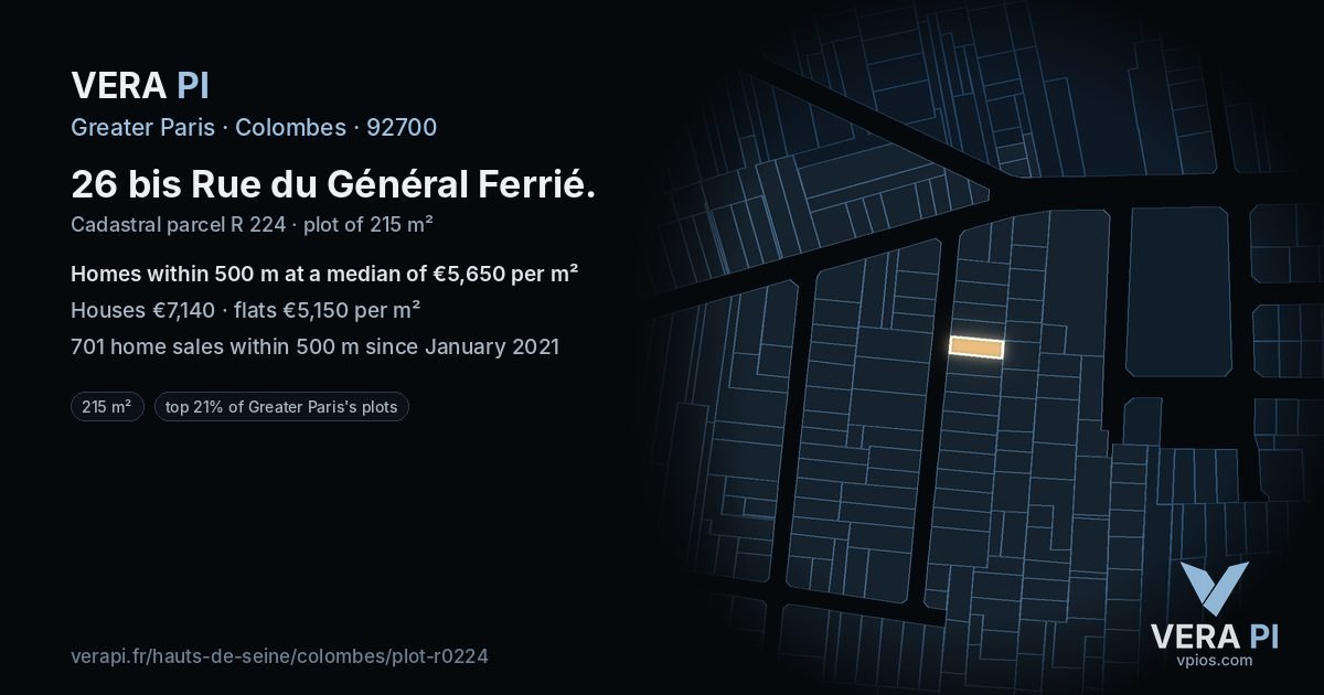 26 bis Rue du Général Ferrié, Colombes at night – the plot lit, the parcels around coloured by the prices near them
