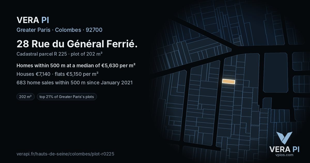 28 Rue du Général Ferrié, Colombes at night – the plot lit, the parcels around coloured by the prices near them