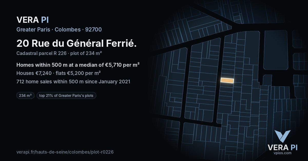 20 Rue du Général Ferrié, Colombes at night – the plot lit, the parcels around coloured by the prices near them