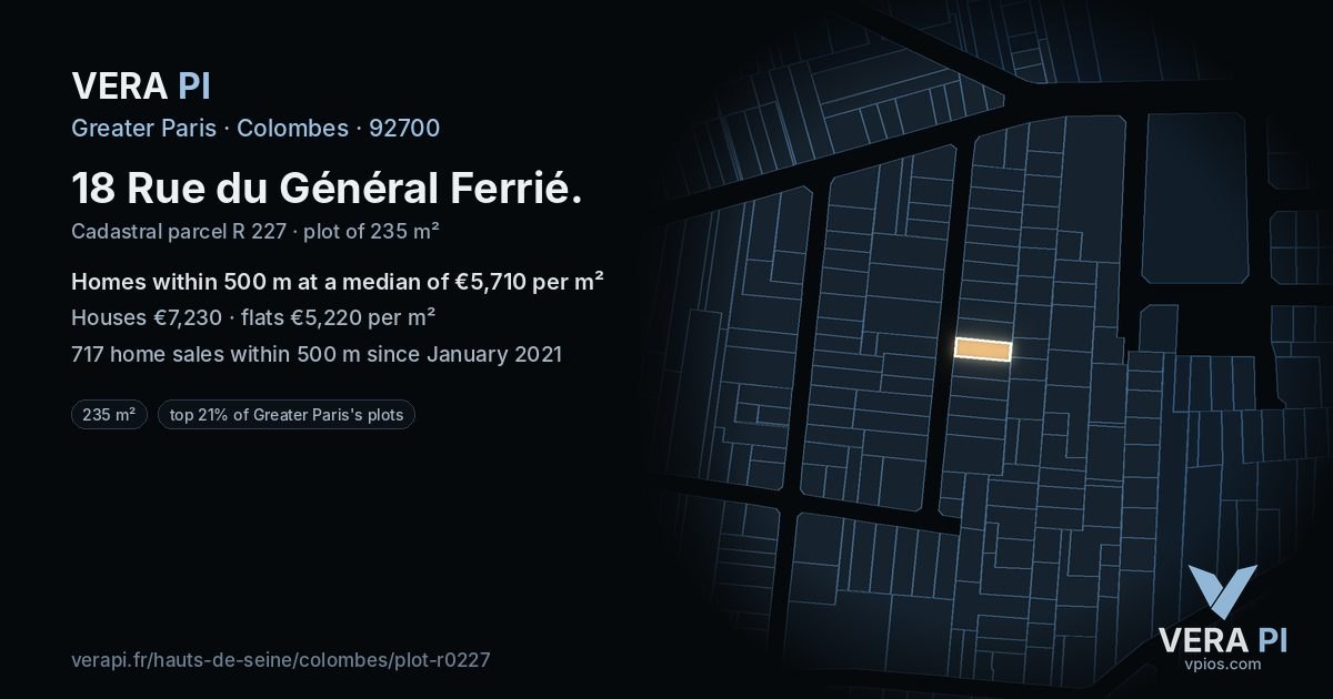 18 Rue du Général Ferrié, Colombes at night – the plot lit, the parcels around coloured by the prices near them