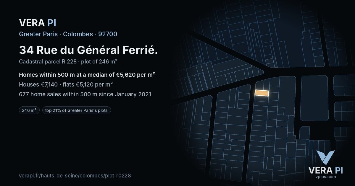 34 Rue du Général Ferrié, Colombes at night – the plot lit, the parcels around coloured by the prices near them