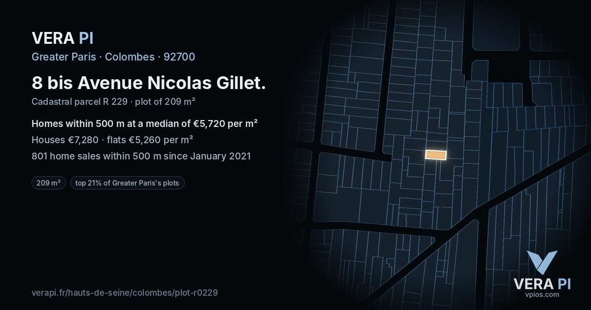 8 bis Avenue Nicolas Gillet, Colombes at night – the plot lit, the parcels around coloured by the prices near them