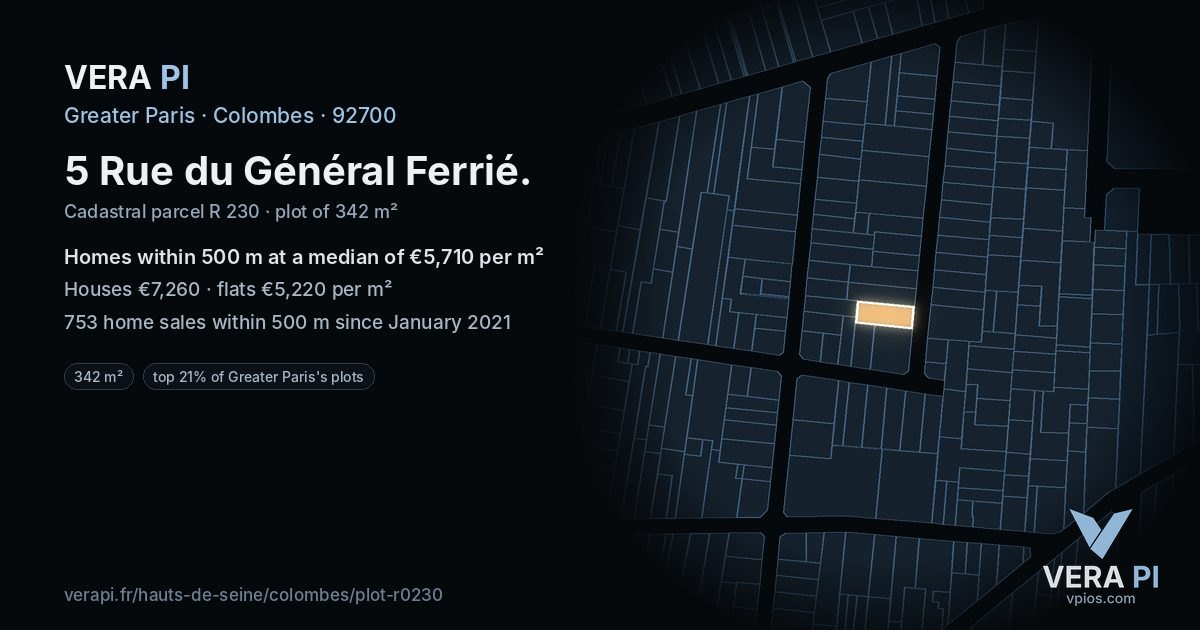 5 Rue du Général Ferrié, Colombes at night – the plot lit, the parcels around coloured by the prices near them