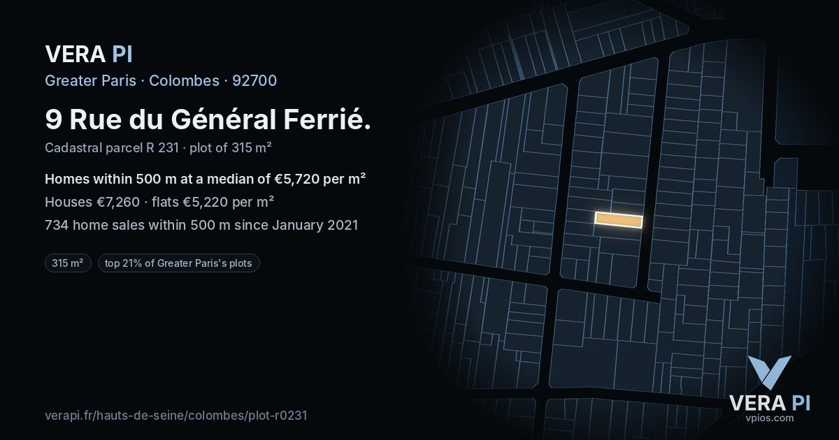 9 Rue du Général Ferrié, Colombes at night – the plot lit, the parcels around coloured by the prices near them