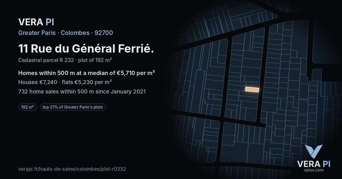 11 Rue du Général Ferrié, Colombes at night – the plot lit, the parcels around coloured by the prices near them