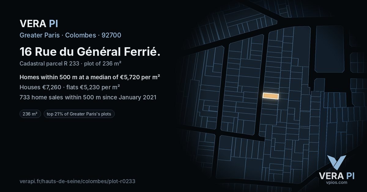 16 Rue du Général Ferrié, Colombes at night – the plot lit, the parcels around coloured by the prices near them
