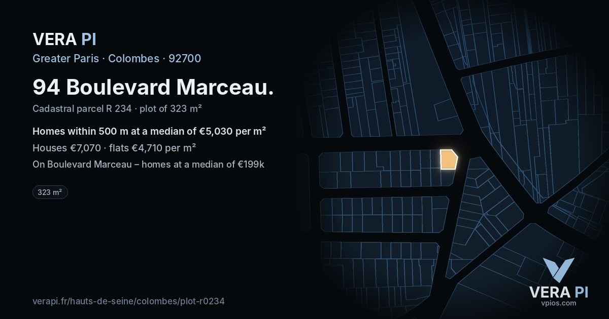 94 Boulevard Marceau, Colombes at night – the plot lit, the parcels around coloured by the prices near them