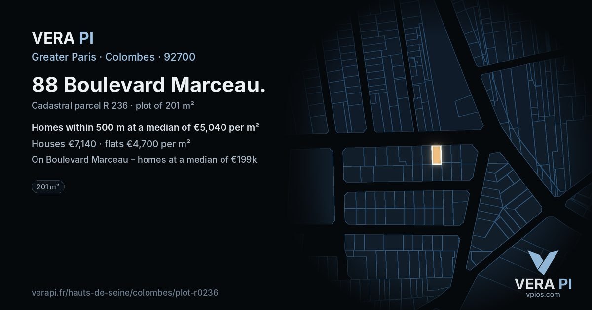 88 Boulevard Marceau, Colombes at night – the plot lit, the parcels around coloured by the prices near them