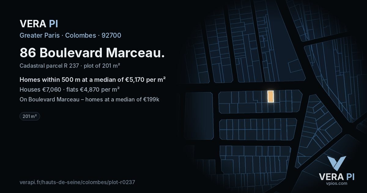 86 Boulevard Marceau, Colombes at night – the plot lit, the parcels around coloured by the prices near them
