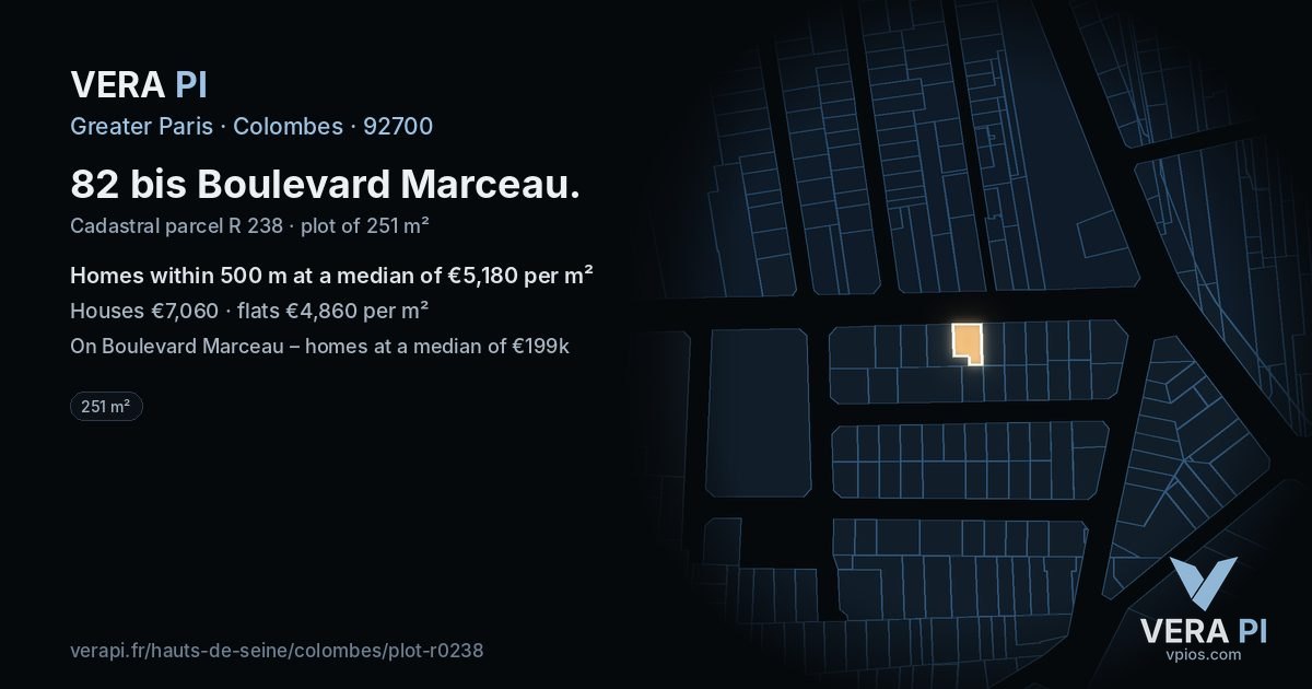 82 bis Boulevard Marceau, Colombes at night – the plot lit, the parcels around coloured by the prices near them