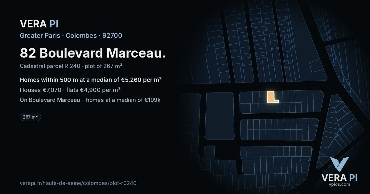82 Boulevard Marceau, Colombes at night – the plot lit, the parcels around coloured by the prices near them