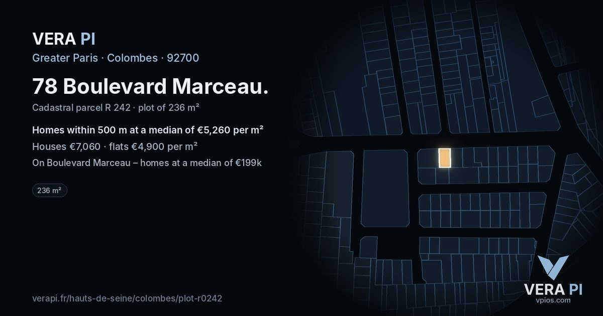 78 Boulevard Marceau, Colombes at night – the plot lit, the parcels around coloured by the prices near them