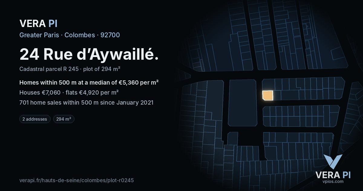 24 Rue d’Aywaillé, Colombes at night – the plot lit, the parcels around coloured by the prices near them