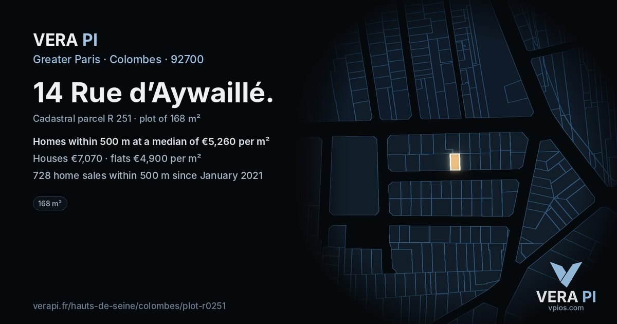 14 Rue d’Aywaillé, Colombes at night – the plot lit, the parcels around coloured by the prices near them