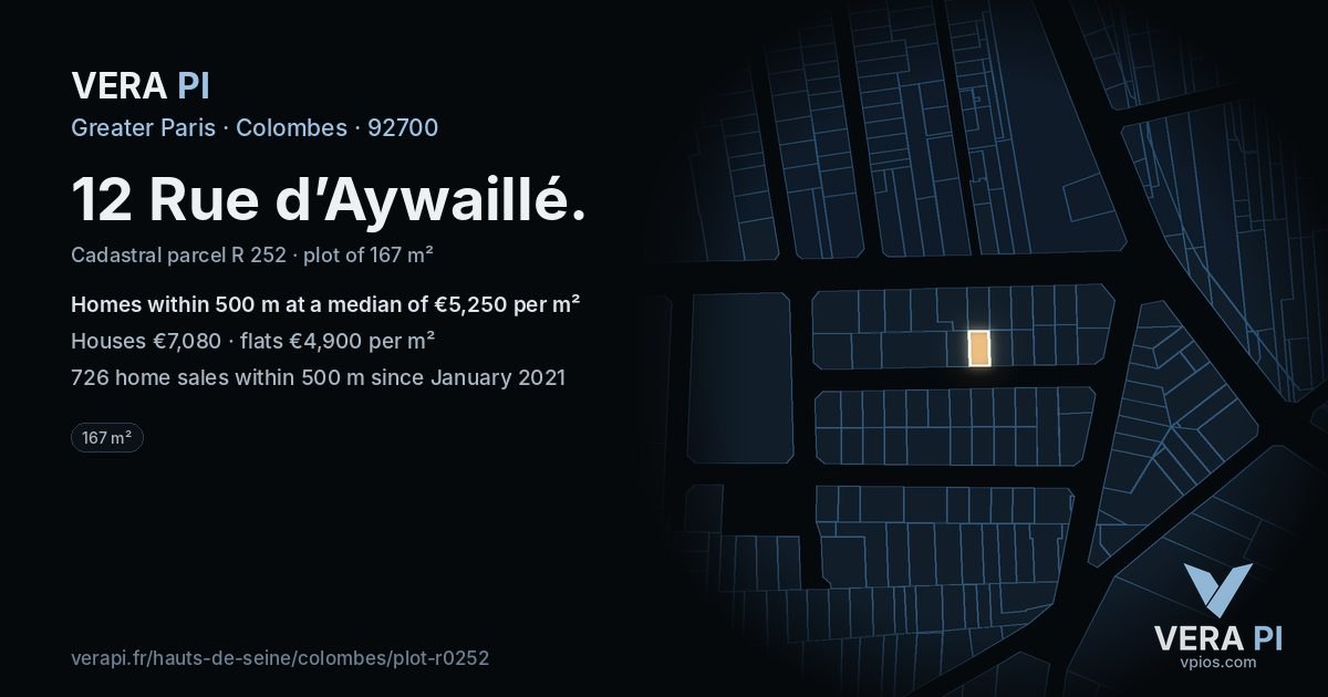 12 Rue d’Aywaillé, Colombes at night – the plot lit, the parcels around coloured by the prices near them