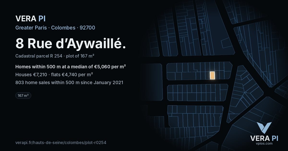 8 Rue d’Aywaillé, Colombes at night – the plot lit, the parcels around coloured by the prices near them