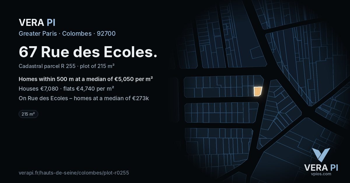 67 Rue des Ecoles, Colombes at night – the plot lit, the parcels around coloured by the prices near them