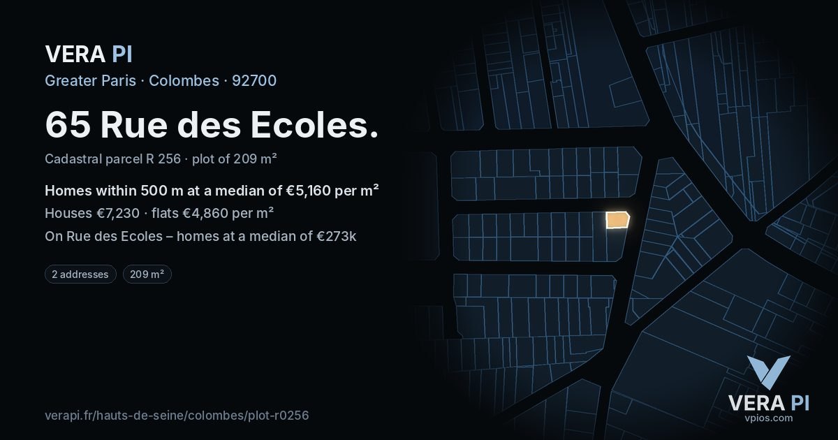 65 Rue des Ecoles, Colombes at night – the plot lit, the parcels around coloured by the prices near them
