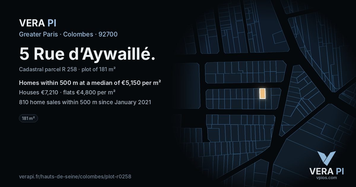 5 Rue d’Aywaillé, Colombes at night – the plot lit, the parcels around coloured by the prices near them