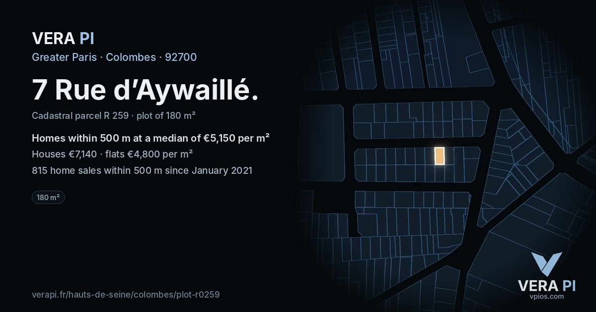 7 Rue d’Aywaillé, Colombes at night – the plot lit, the parcels around coloured by the prices near them