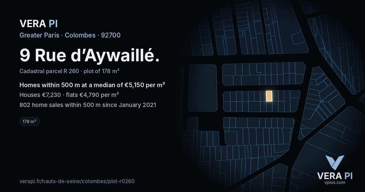 9 Rue d’Aywaillé, Colombes at night – the plot lit, the parcels around coloured by the prices near them