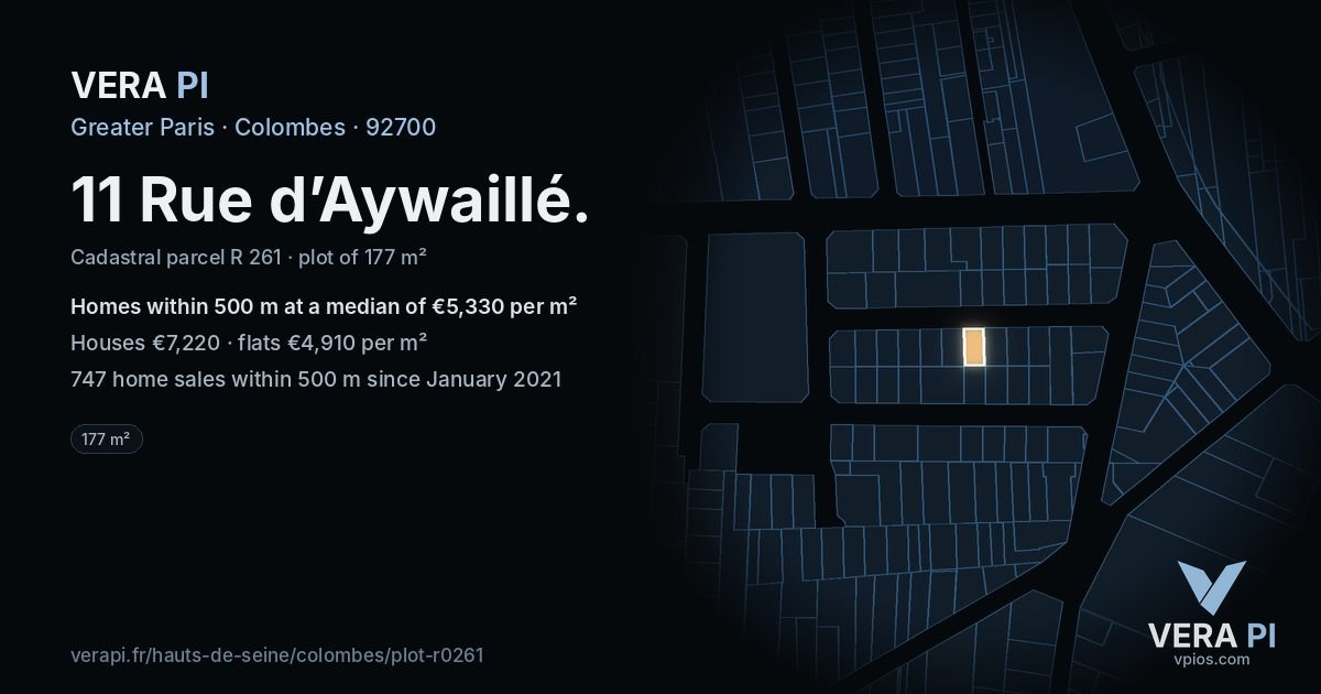 11 Rue d’Aywaillé, Colombes at night – the plot lit, the parcels around coloured by the prices near them