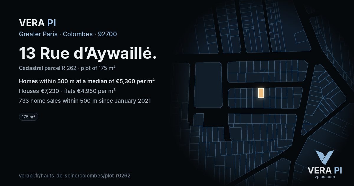 13 Rue d’Aywaillé, Colombes at night – the plot lit, the parcels around coloured by the prices near them