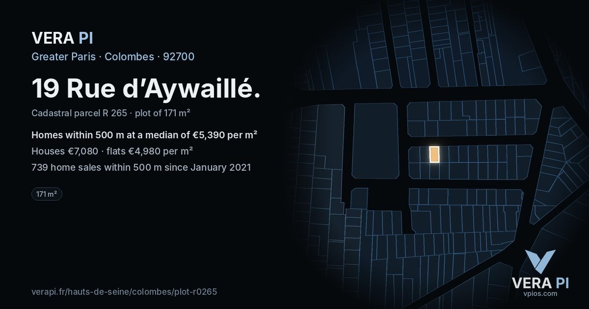 19 Rue d’Aywaillé, Colombes at night – the plot lit, the parcels around coloured by the prices near them