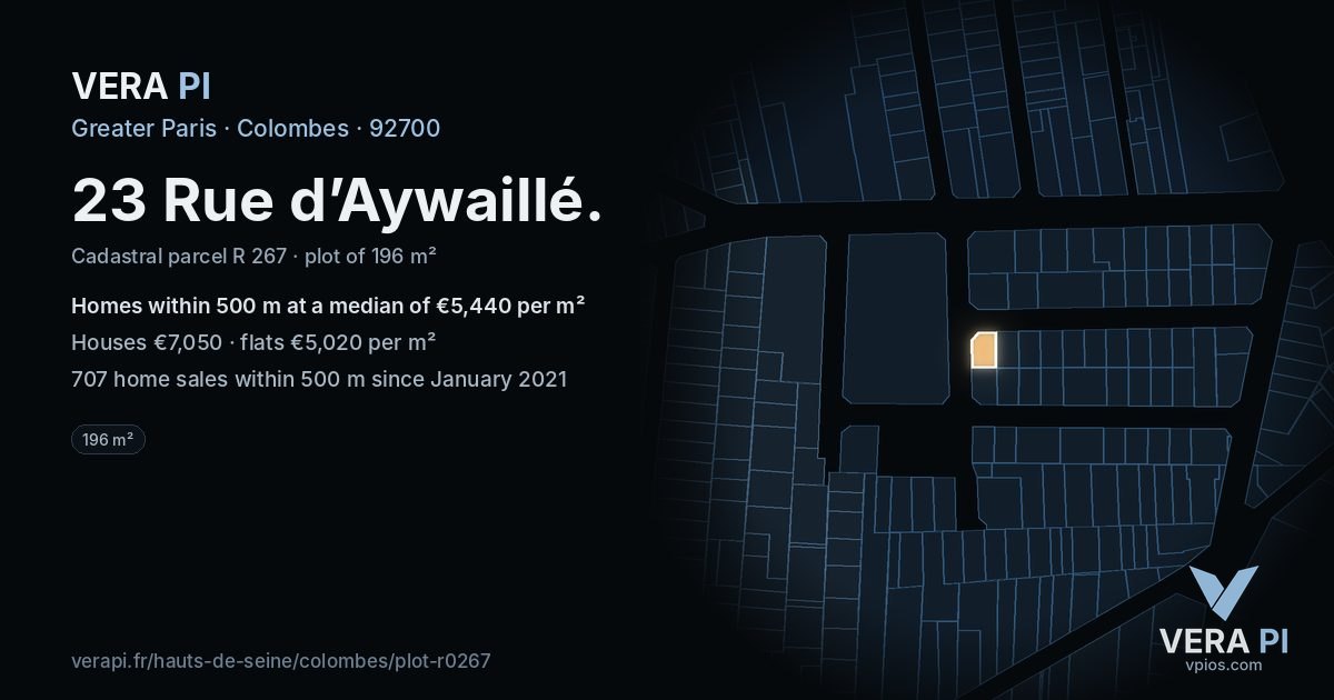 23 Rue d’Aywaillé, Colombes at night – the plot lit, the parcels around coloured by the prices near them