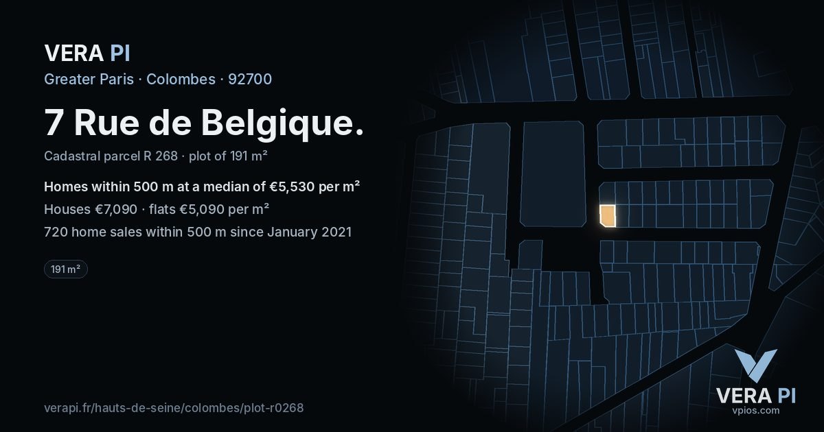 7 Rue de Belgique, Colombes at night – the plot lit, the parcels around coloured by the prices near them