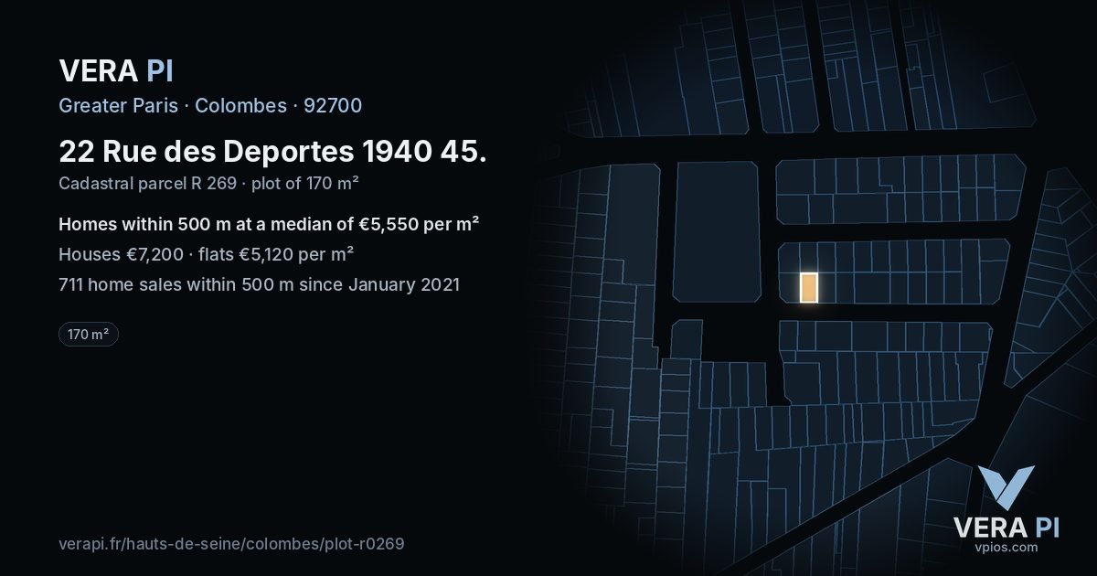 22 Rue des Deportes 1940 45, Colombes at night – the plot lit, the parcels around coloured by the prices near them