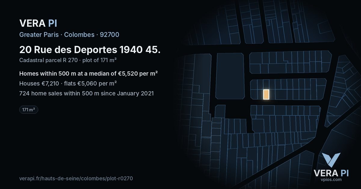 20 Rue des Deportes 1940 45, Colombes at night – the plot lit, the parcels around coloured by the prices near them