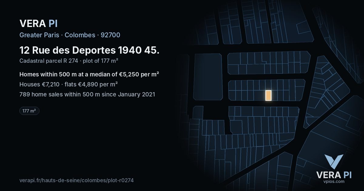 12 Rue des Deportes 1940 45, Colombes at night – the plot lit, the parcels around coloured by the prices near them