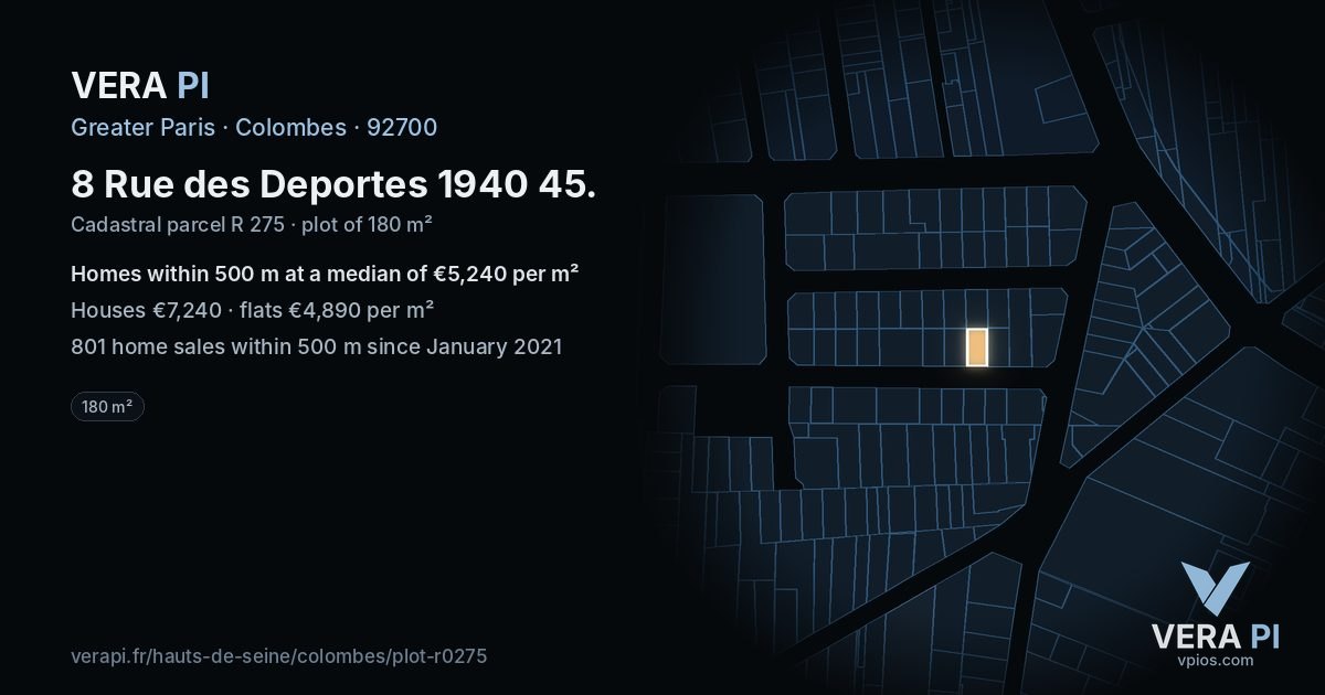 8 Rue des Deportes 1940 45, Colombes at night – the plot lit, the parcels around coloured by the prices near them